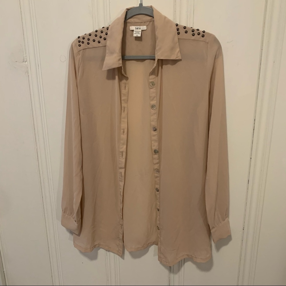 Bar III Tan Studded Long Sleeve Chiffon Button Down Blouse Size Small EUC